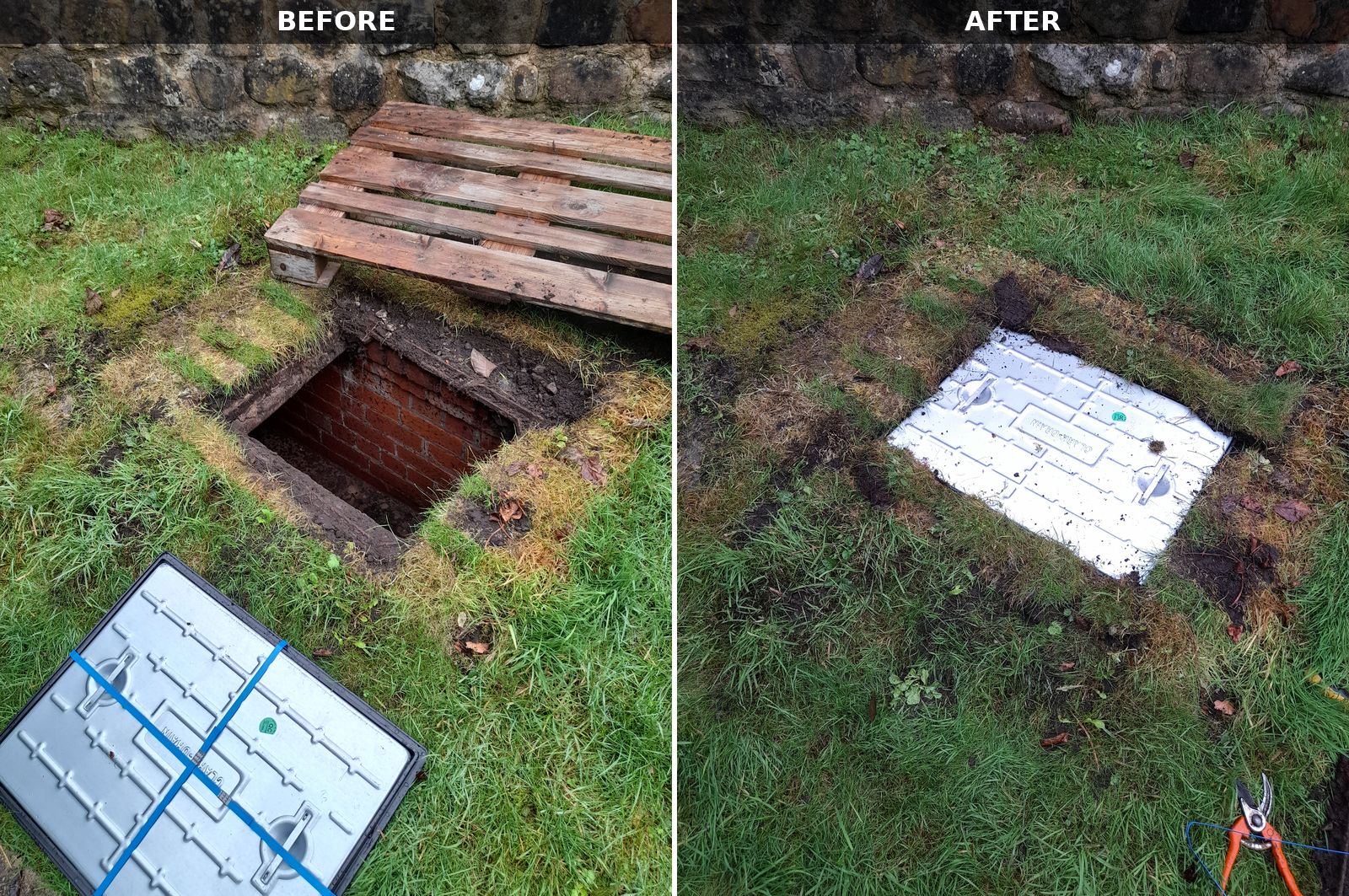 Before and after photos side by side: on the left an open brick inspection chamber in a lawn with a new cover lying beside it, on the right the new cover fitted flush in the lawn