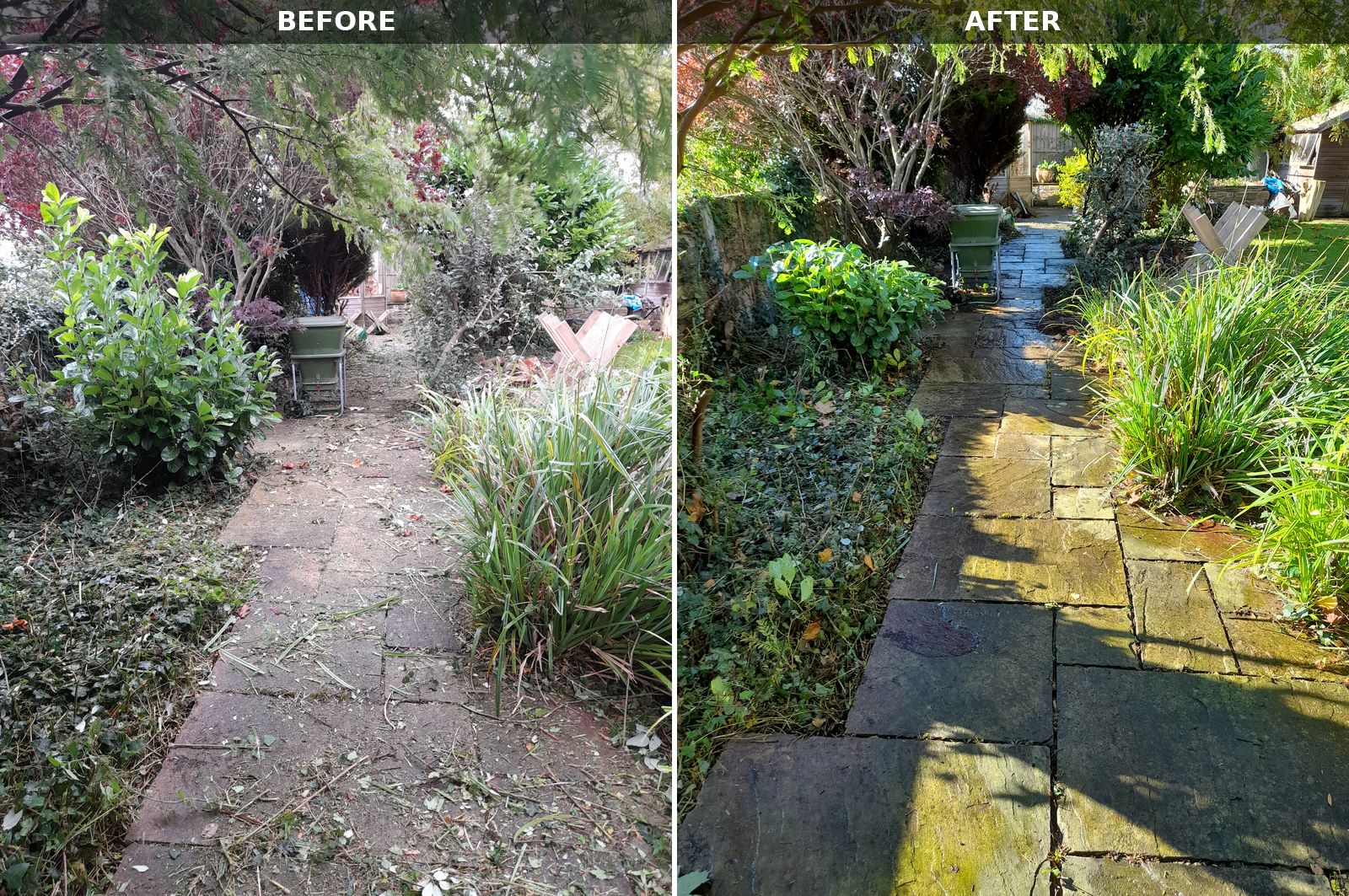 Before and after photos side by side of a flagstone path: on the left it is covered in leaves and debris, on the right it is cleared and clean with the borders tidied on both sides