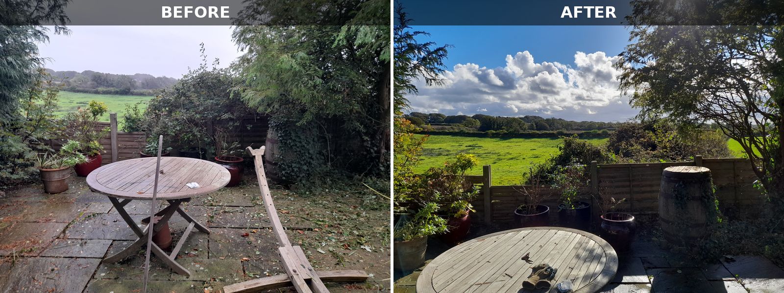 Before and after photos side by side of a garden patio: on the left the table and paving are covered in clippings and debris, on the right the patio is cleared and swept